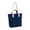 A navy tote bag with cream handles and a front pocket, featuring a logo on the side.