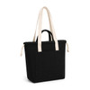 A black tote bag with cream straps and a front pocket, featuring a drawstring closure.