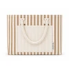 A striped tote bag with a cream and brown pattern, featuring two handles and a front pocket.