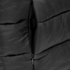 A black puffer vest featuring a zippered pocket, showcasing its quilted texture and sleek design.