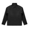 A black unisex softshell jacket, featuring a high collar and long sleeves, with a logo on the back.