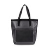 A grey bucket bag with black straps and a front mesh pocket, featuring a logo.