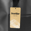 A grey bucket bag with a textured finish and a tag displaying its name and design elements.
