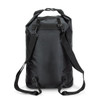 A black 20L dry bag with adjustable straps and a buckle closure, featuring a logo on the surface.
