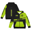 A black and neon green zipped hoodie featuring a logo and bold graphic designs on the sleeves.