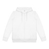 A white zipped hoodie with a hood, featuring front pockets and a logo on the label.