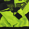 A vibrant yellow and black zipped hoodie featuring contrasting patterns and a logo. Ideal for active wear.