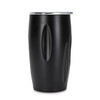 A drink bottle with a sleek black design and a silver lid, featuring an ergonomic shape. Includes branding.