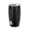 A drink bottle with a matte black finish and a clear lid, featuring a subtle logo design.