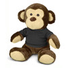 A plush monkey toy with brown fur and a black shirt, sitting upright with a soft, friendly expression.