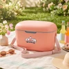 A pink cooler with a logo, surrounded by flowers, drinks, and sunglasses on a picnic blanket.