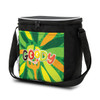 A black cooler bag with a vibrant green and yellow graphic design, featuring a logo on the front.