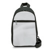 A black crossbody bag with a grey front, featuring a zippered pocket and an adjustable strap.