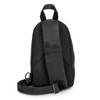 A black crossbody bag featuring a textured mesh back and an adjustable strap. It has a logo on the surface.