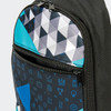 A crossbody bag featuring a geometric pattern in black, turquoise, and grey with zippered compartments and a logo.