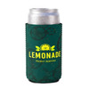 A drink can cooler in green with a fruit pattern, designed for slim cans, featuring a logo.