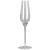 A clear glass champagne flute with a tall, slender body and a wide base. It has a smooth, elegant design.