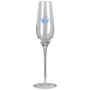 A clear glass champagne flute featuring a printed logo. Tall and slender design with a curved bowl.