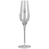 A clear glass champagne flute with a tall, slender design and a circular base, featuring a logo.