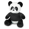 A cuddly panda plush toy featuring a black and white design and wearing a black shirt, with a friendly expression.