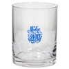 A clear glass tumbler featuring a blue design with the words "Make a Splash". It has a branding logo.