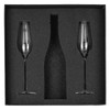 A black Champagne flute gift set featuring two elegant flutes and a bottle, presented in a sleek black box.