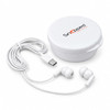 White Type C earbuds with a charging cable, stored in a rounded white case featuring a logo.