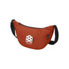 An orange recycled waist bag with a black adjustable strap and a logo on the front.