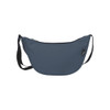 A blue waist bag with a zippered closure and an adjustable strap, featuring a logo.