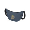 A dark blue waist bag with a curved design and a logo on the front, featuring an adjustable strap.