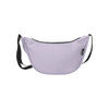 A purple recycled waist bag with a black zipper and adjustable strap, featuring a logo on the side.