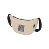 A beige waist bag with a black strap and a logo, featuring a motivational text design in navy blue.