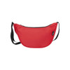A red waist bag with a black zip and an adjustable strap, featuring a logo.