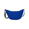 A blue waist bag with a black strap and zipper closure, featuring a branding logo. Ideal for carrying small items.