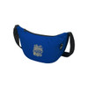 A blue recycled waist bag with a black strap and a decorative design on the front. It has a logo.