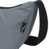 A grey waist bag with a black strap and a logo tag, featuring a sleek design for casual use.