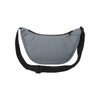 A grey recycled waist bag with a zip closure and an adjustable black strap. It features a logo.