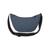 A grey waist bag with a black strap and a zippered closure, featuring a logo.