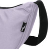 A grey waist bag with a black strap and a logo tag attached to the side.