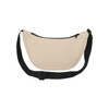 A beige waist bag with a black strap and a zippered compartment, featuring a logo.