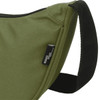 A green waist bag with a black strap and a branding label. The bag features a smooth finish and a zip closure.