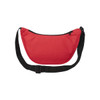 A red waist bag with a black strap and zipper, featuring a logo on one side.