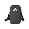 A grey phone pouch with a black strap and earphones attached, featuring a logo on its side.