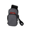 A grey recycled phone pouch with a zippered compartment and a phone inside, featuring a strap for carrying.