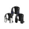 A hydration pack featuring a mesh design, available in black, navy, and white colours, with multiple pockets and straps.