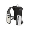 A black and white recycled running vest hydration pack with mesh detailing and multiple pockets.