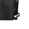 A black hydration pack made from recycled polyester, featuring mesh detailing and adjustable straps, including a logo.