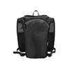 A black running vest hydration pack with mesh panels and a front zip pocket. It features adjustable straps and a logo.