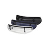 A set of three waist packs in black, navy, and white, featuring zippers and adjustable straps. Each pack has a logo.