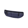 A navy blue running waist pack featuring two zippered compartments and a reflective strip, with a logo on it.